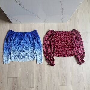 VENUS Blouses Womens S Blue White Ombre Lace and Red Leopard Print Top